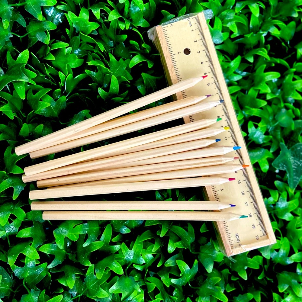 12 Wooden color pencils with wooden storage box. Box is a ruler that detaches.